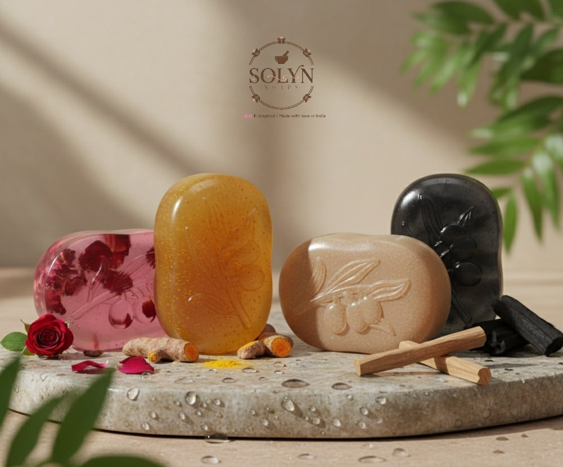 Four in one pack | Rose Bliss | Haldi Glow | Chandan Calm | Charcoal Detox - K-Inspired Handmade Herbal Soaps- Pack of 4