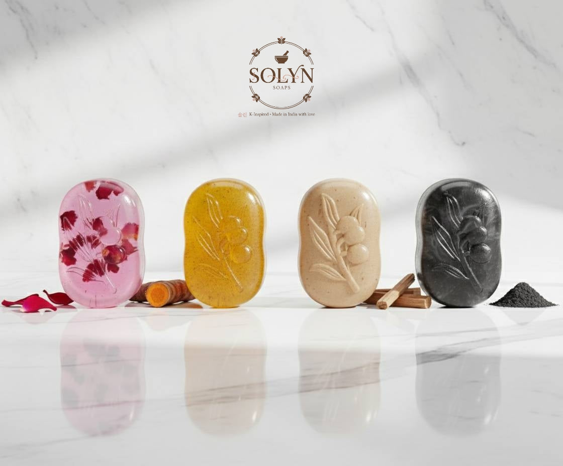 Four in one pack | Rose Bliss | Haldi Glow | Chandan Calm | Charcoal Detox - K-Inspired Handmade Herbal Soaps- Pack of 4