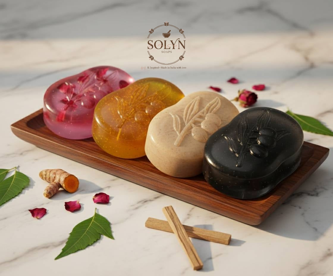 Four in one pack | Rose Bliss | Haldi Glow | Chandan Calm | Charcoal Detox - K-Inspired Handmade Herbal Soaps- Pack of 4